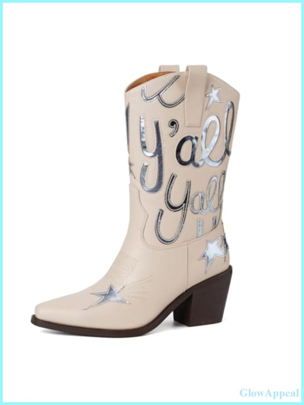 Western Mid Calf Cowboy Boots Faux Leather Pull On Pointed Toe Chunky Heel
